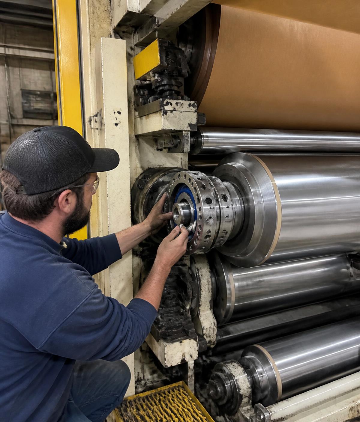 Mecánico dando mantenimiento a rodillos de maquinaria industrial