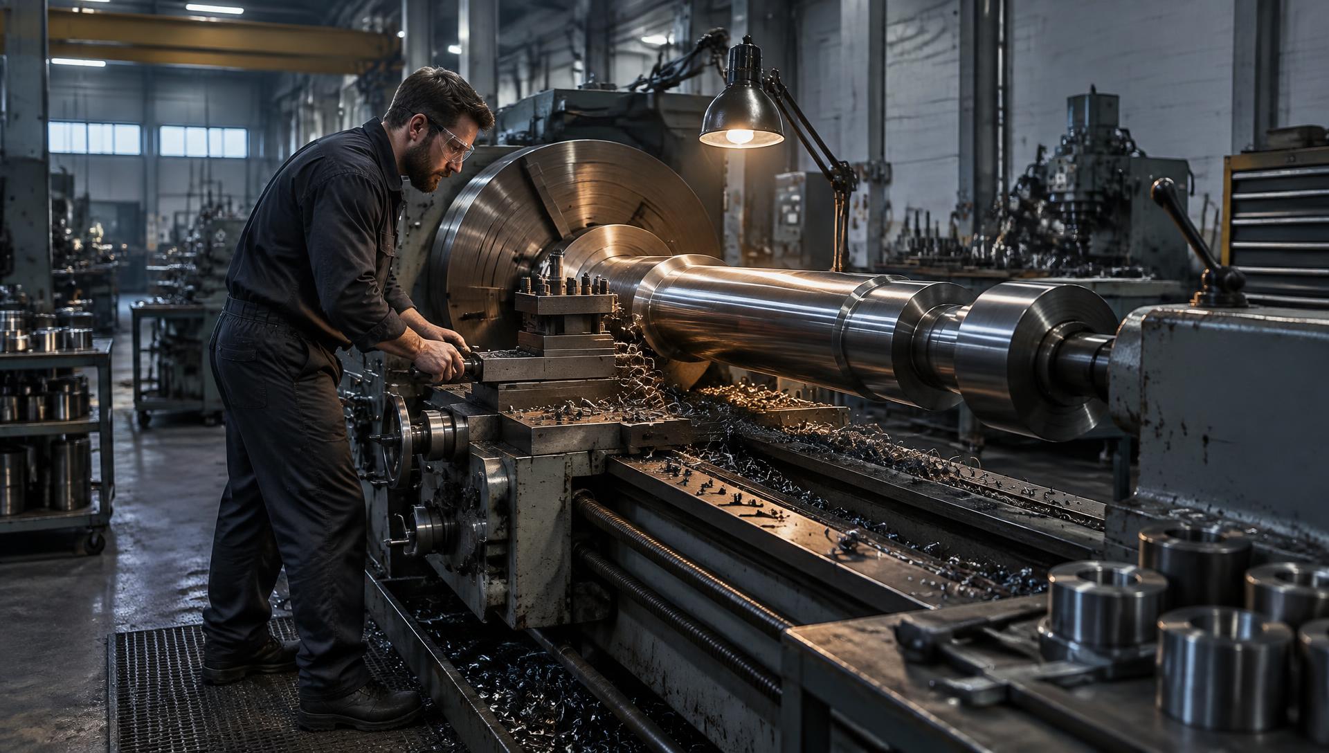 Técnico trabajando un eje de acero en un torno industrial